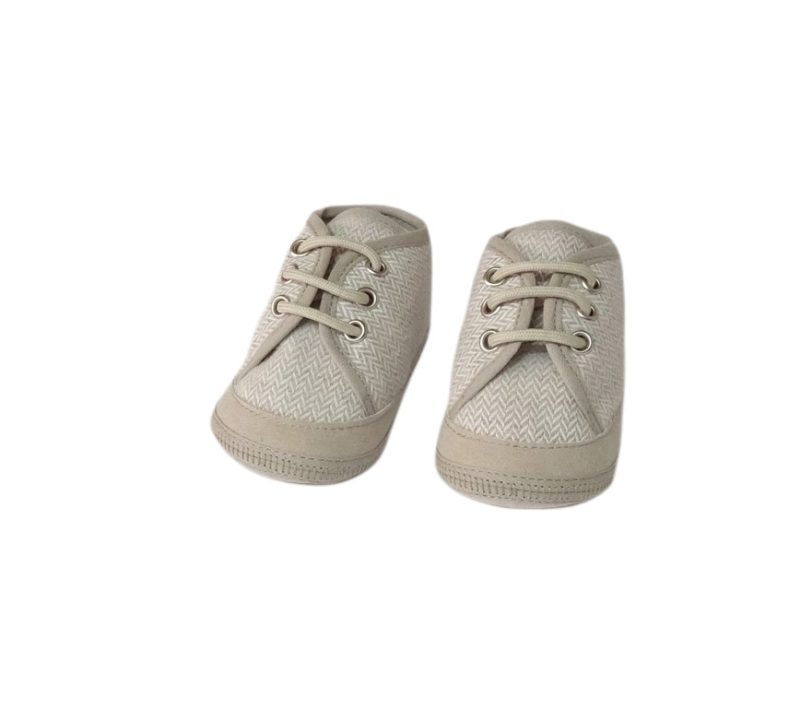 Scarpina sneakers per neonato color beige in tessuto foderate, motivo spigato.