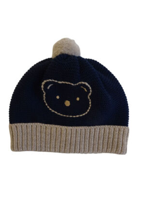 Cappellino con pompon in lana merino Teddy Bear colore blu.